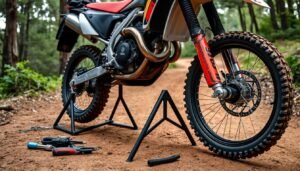 Cavaletes e triângulos para motos off-road em uso durante manutenção em trilha