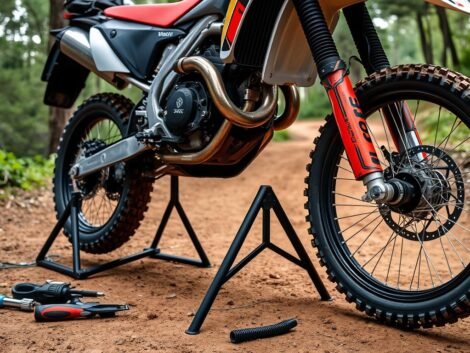Cavaletes e triângulos para motos off-road em uso durante manutenção em trilha