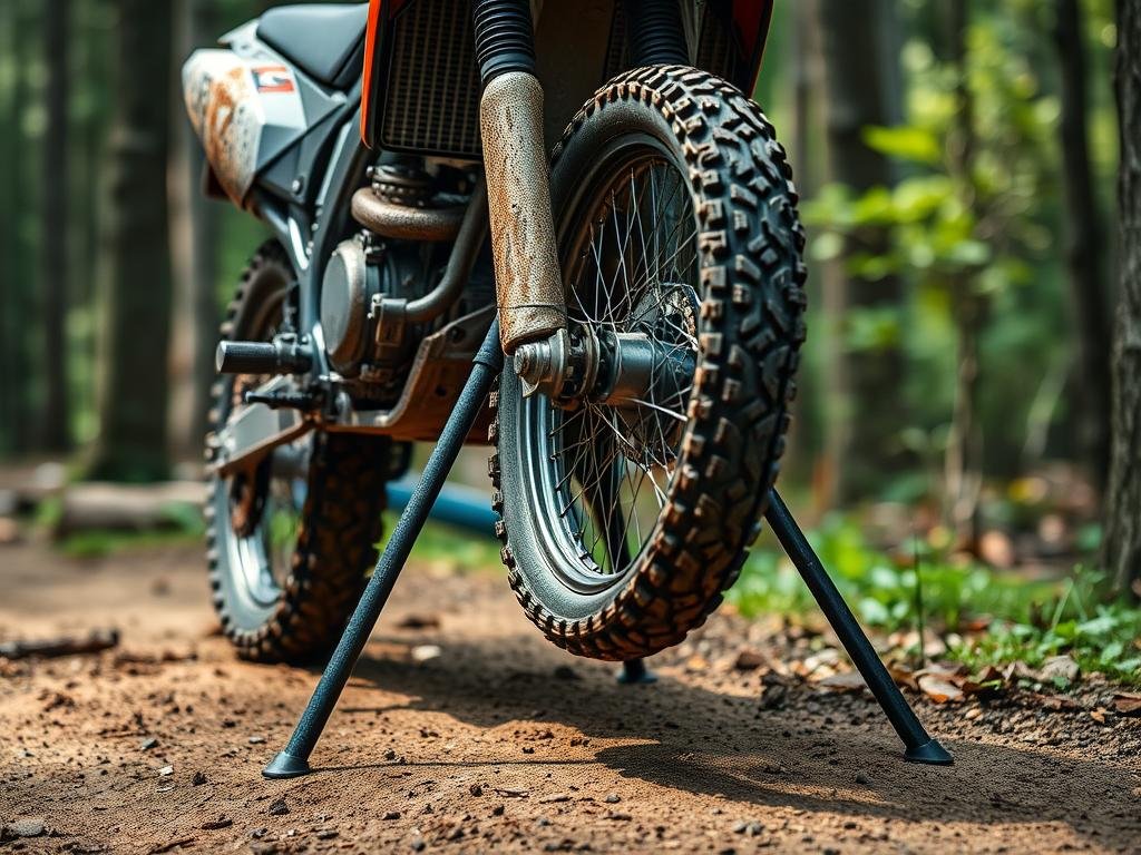 Moto off-road apoiada em cavalete triangular durante manutenção em trilha Moto off-road apoiada em cavalete triangular durante manutenção em trilha