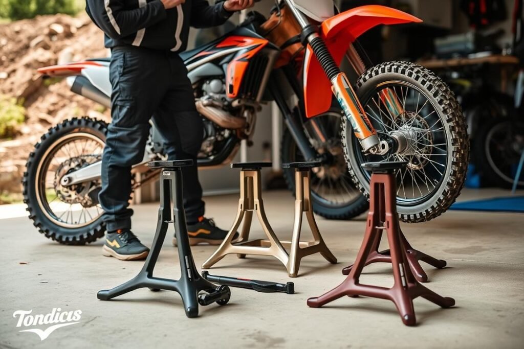 Piloto escolhendo cavalete adequado para sua moto off-road Piloto escolhendo cavalete adequado para sua moto off-road